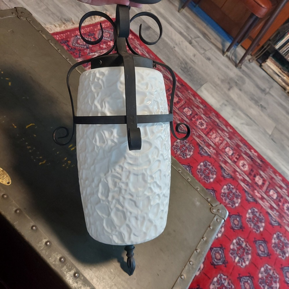 Vintage Spanish Revival Wrought Iron Milk Glass Textured Pendant Light Black